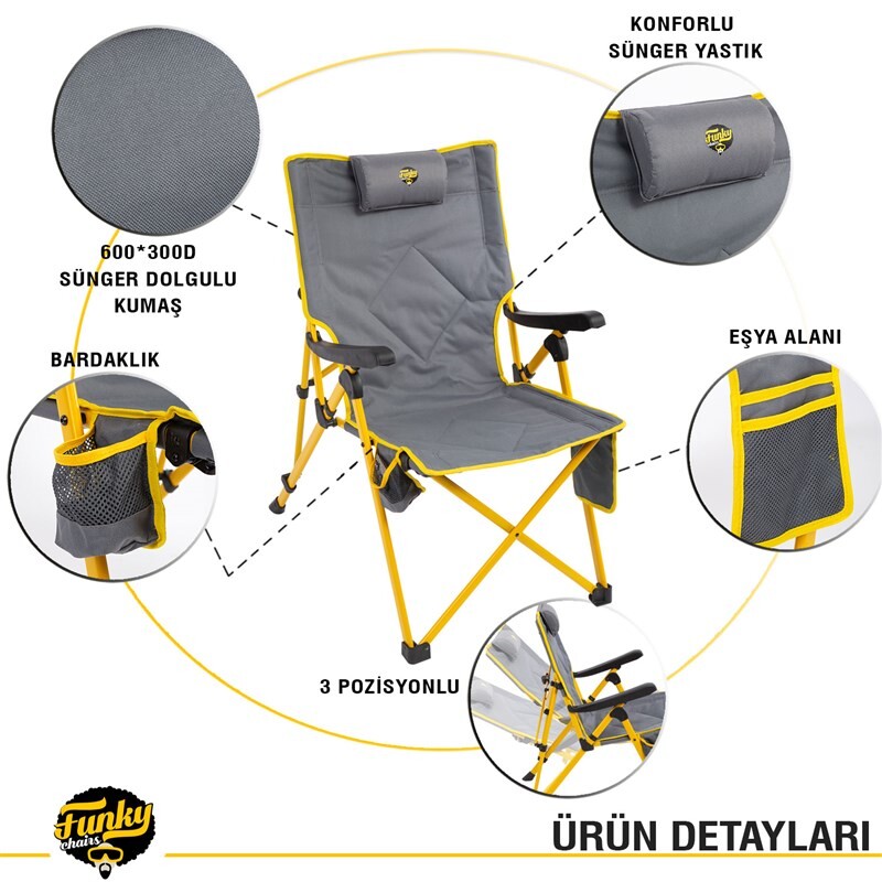 Funky Chairs Comfort 3 Kademeli Katlanabilir Kamp Sandalyesi, Sarı - 5